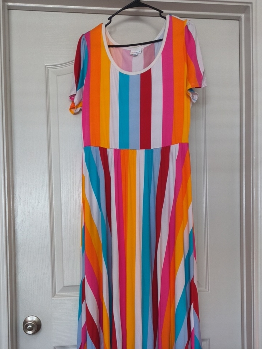 LuLaRoe Multicolor Stripe Maxi Dress in Pink, Yellow, Blue, Red, White